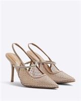 River Island Womens Court Shoes Beige Mesh Diamante Slingback Pointed Toe Heels