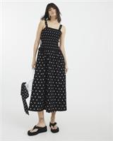 River Island Womens Midi Dress Black Polka Dot Shirred Square Neck Sleeveless - 14 Regular