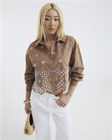 River Island Womens Shirt Brown Long Sleeve Cropped Broderie Button Top - 20 Regular