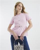 River Island Womens Top Pink Knit Short Sleeve Belted Peplum Hem Round Neck - S Regular