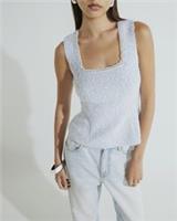 River Island Womens Vest Blue Boucle Embellished Trim Square Neck Sleeveless Top - S Regular