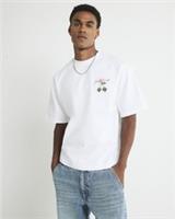 River Island Mens T-Shirt White Oversized Fit Racing Cherry Crew Neck Tee Top - S Regular