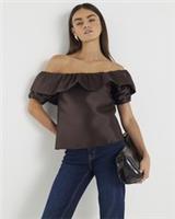 River Island Womens Bardot Top Brown Premium Frill Detail Short Sleeve Blouse - 8 Regular