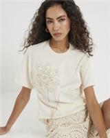 River Island Womens T-Shirt White Short Sleeve Crochet Flower Crew Neck Tee Top - XS Regular