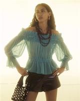 River Island Womens Bardot Top Blue Long Sleeve Raw Edge Trim Long Sleeve - M Regular