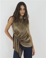River Island Womens Drape Detail Top Gold Plisse Fabric Crew Neck Blouse - S Regular