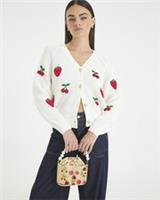 River Island Womens Cardigan Cream Knitted Embroidered Strawberry V-Neck Top - XS Regular