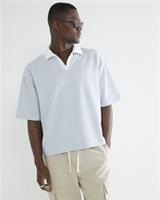 River Island Mens Polo Shirt Blue Boxy Fit Stripe Open Neck Short Sleeve Top - L Regular