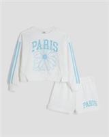 River Island Girls 2 Piece Set White Paris Graphic Sweatshirt & Shorts Crew Neck - 11-12 Years Regular