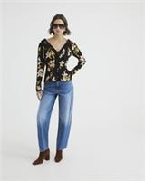 River Island Womens Top Black Long Sleeve Floral Lace Trim V-Neck Button Tie - 6 Regular