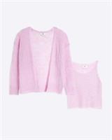 River Island Girls 2 Piece Set Pink Diamante Square Neck Cardigan Cami Top - 11-12 Years Regular