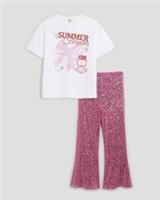 River Island Girls 2 Piece Set Pink Sequin Flared T-Shirt Trousers Graphic Print - 11-12 Years Regular