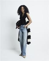 River Island Womens Cardigan Black Fringe Knit Stripe Longline Sleeveless Jumper - S Regular