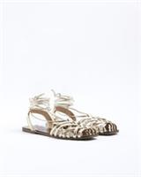 River Island Womens Flat Sandals Gold Leather Caged Tie Up Open Toe Flat Shoes