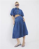 River Island Womens Midi Skirt Blue Denim Bubble Hem Pleated Zip Bottom - 6 Regular