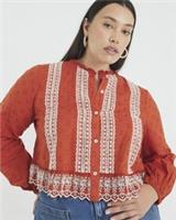 River Island Womens Blouse Orange Long Sleeve Broderie Detail Round Neck Top - 12 Regular