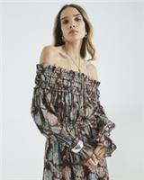 River Island Womens Bardot Maxi Dress Brown Long Sleeve Floral Round Neck - S Regular