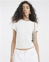 River Island Womens T-Shirt White Short Sleeve Boucle Round Neck T Shirt Tee Top - S Regular
