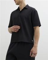 River Island Mens Shirt Black Chunky Plisse Collared Buttons Short Sleeve Top - M Regular