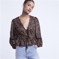 River Island Womens Blouse Brown Leopard Print Tie Front V-Neck Devore Top - 6 Regular
