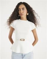 River Island Womens Peplum Top Cream Knitted Short Sleeve Belted Crew Blouse  L Regular