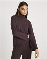 River Island Womens Top Brown Long Sleeve Wide Ribbed High Neck Blouse Loose Fit - M Regular