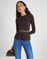 River Island Womens Peplum Top Brown Knitted Belt Long Sleeve Round Neck Blouse - XL Regular