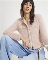 River Island Womens Cardigan Pink Fluffy Trimmed Knitted Long Sleeve Jumper Top - S Regular