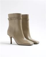 River Island Womens Ankle Boots Beige Square Toe Heeled Buckle Side Zip Shoes