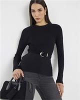 River Island Womens Peplum Top Black Knitted Long Sleeve Belted Crew Neck Blouse - L Regular