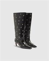 River Island Womens High Leg Boots Black Faux Leather Studded Pointed Toe Shoes