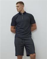 River Island Mens Polo Shirt Navy Slim Fit Stitched Stripe Quarter Zip Top - M Regular