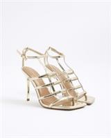 River Island Womens Sandals Gold Strappy H-Bar Heeled Buckle Open Toe Shoes