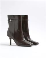 River Island Womens Ankle Boots Brown Square Toe Heeled Side Zip buckle Shoes