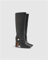 River Island Womens Heeled Boots Black High Leg Gold Zip Chisel Toe Shoes