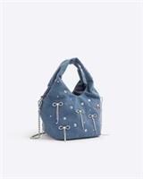 River Island Womens Grab Bag Blue Denim Diamante Bow Popper Top Handle