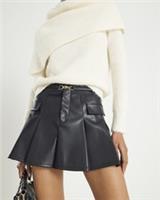 River Island Womens Pleated Shorts Black Belted Faux Leather Zip Bottoms - 16 Regular