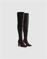 River Island Womens Heeled Boots Black Thigh High Stretch Zip Square Toe Shoes