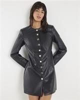 River Island Womens Mini Dress Black Faux Leather Long Sleeve Round Neck Button - 12 Regular