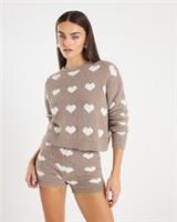 River Island Womens Jumper & Shorts Set 2 Piece Brown Fluffy Heart Sweater - L Regular