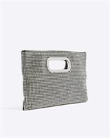 River Island Womens Clutch Bag Silver Metal Handle Diamante Popper Fastening