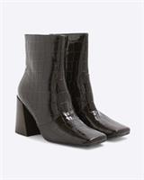 River Island Womens Boots Brown Croc Texture Flared Heel Zip Square Toe Shoes