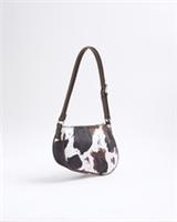 River Island Womens Shoulder Bag Brown Cow Print Zip Fastening Adjustable Strap