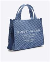 River Island Womens Tote Bag Blue Denim Monogram Popper Detachable Strap