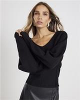 River Island Womens Top Black Knitted Structured V-Neck Long Sleeve Blouse - S Regular