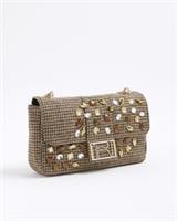 River Island Womens Shoulder Bag Brown Dogtooth Embellished Popper Fastening
