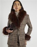 River Island Womens Wrap Coat Brown Faux Fur Collar Check Button Outerwear Top - 14 Regular