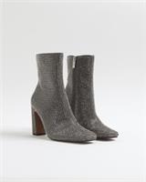 River Island Womens Ankle Boots Silver Embellished Zip Square Toe Shoes