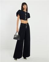 River Island Womens Crop Top Black Denim Button Short Sleeve Round Neck Blouse - 14 Regular