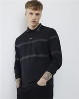 River Island Mens Polo Shirt Black Slim Fit Striped Button Long Sleeve Top - XL Regular